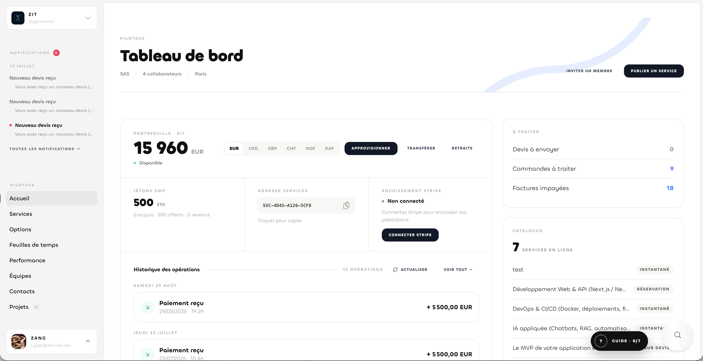 Tableau de bord Services avec le portefeuille multi-devises