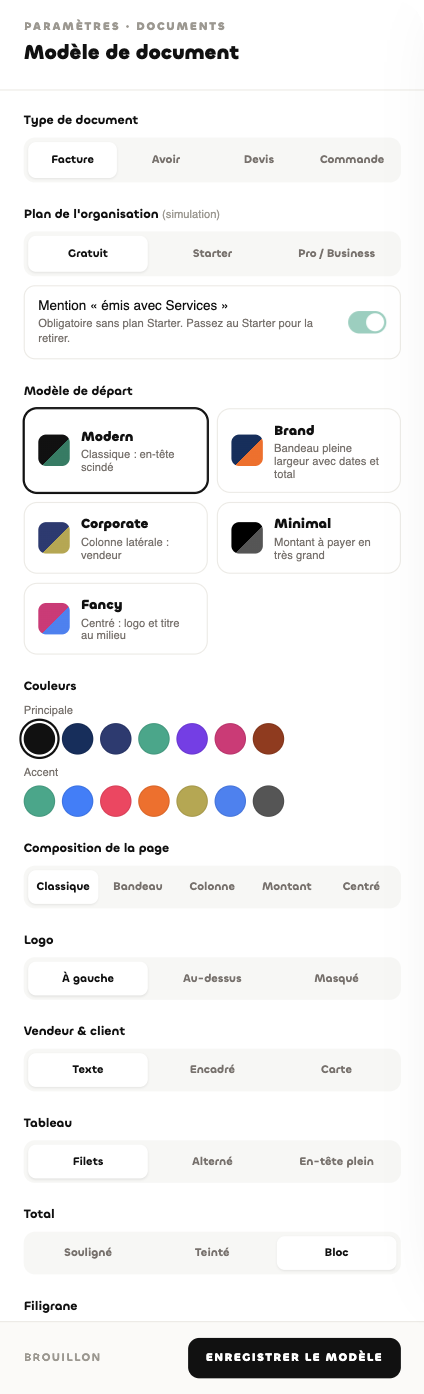 Panneau de réglages du modèle de document : type, modèle de départ, couleurs, composition